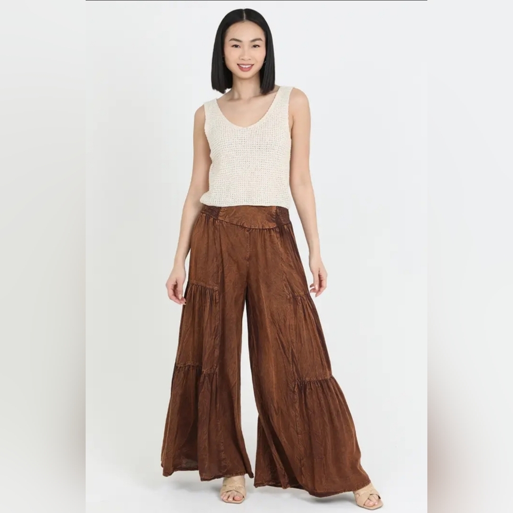 Wide Leg Pants with V Yoke Waist Band